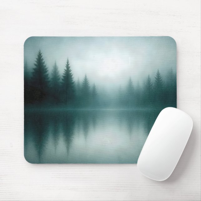 Misty Pine Tree Reflection in Lake Water Mouse Mat (With Mouse)