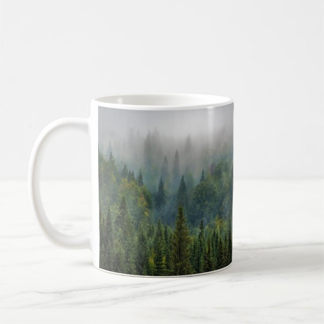 Misty pine trees forest landscape coffee mug (Left)