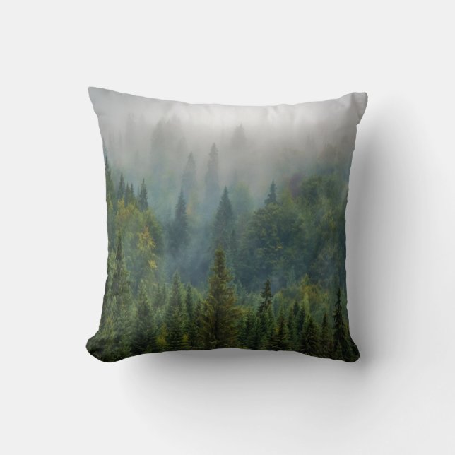 Misty pine trees forest landscape cushion (Front)