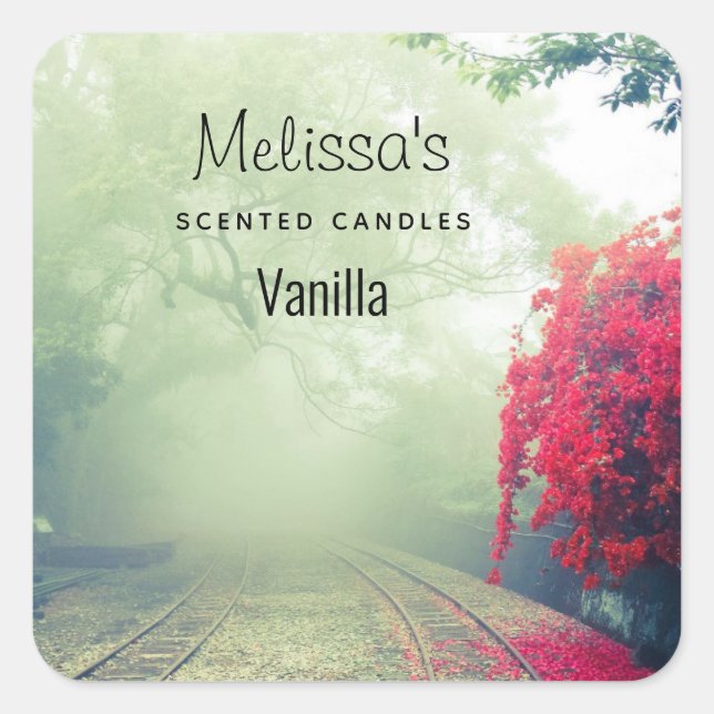 Misty Railroad Tracks Scenic Photo Candle Biz Square Sticker (Front)