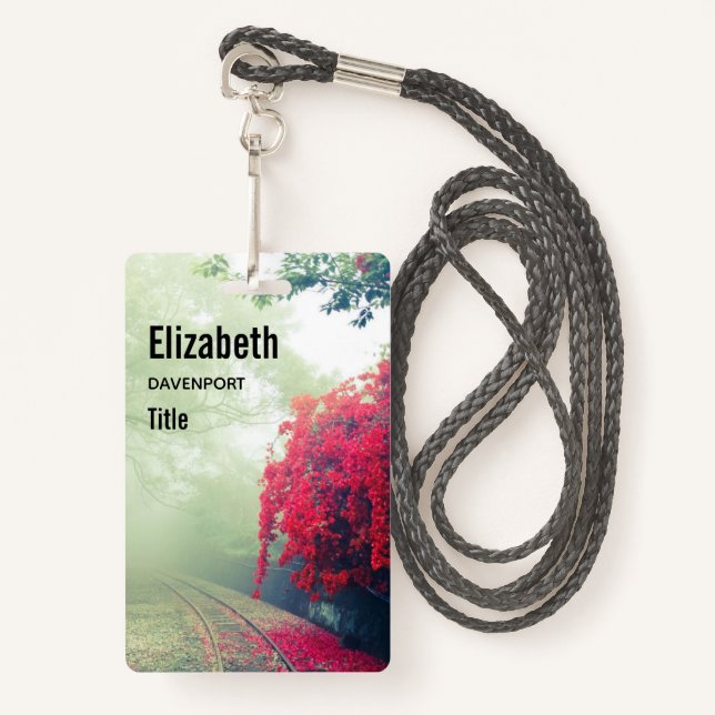 Misty Railroad Tracks Scenic Photo ID Badge (Front with Lanyard)