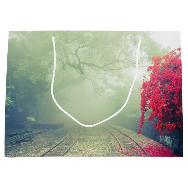 Misty Railroad Tracks Scenic Photo Large Gift Bag (Front)