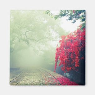 Misty Railroad Tracks Scenic Photo Magnet