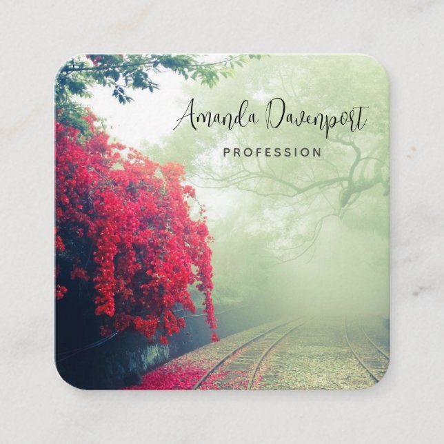 Misty Railroad Tracks Scenic Photo Square Business Card (Front)