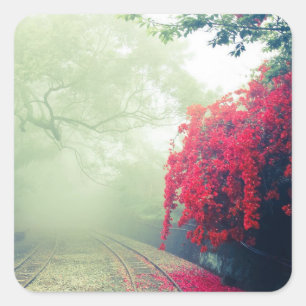 Misty Railroad Tracks Scenic Photo Square Sticker