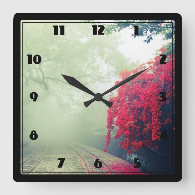Misty Railroad Tracks Scenic Photo Square Wall Clock (Front)