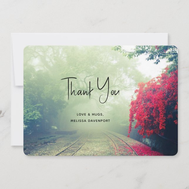 Misty Railroad Tracks Scenic Photo Thank You Card (Front)