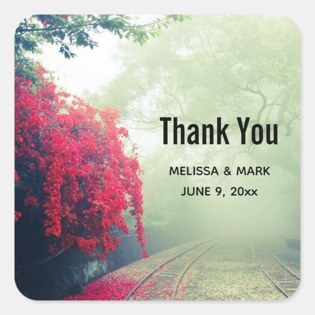 Misty Railroad Tracks Scenic Photo Thank You Square Sticker (Front)