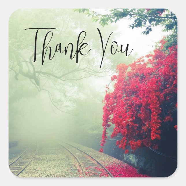 Misty Railroad Tracks Scenic Photo Thank You Square Sticker (Front)