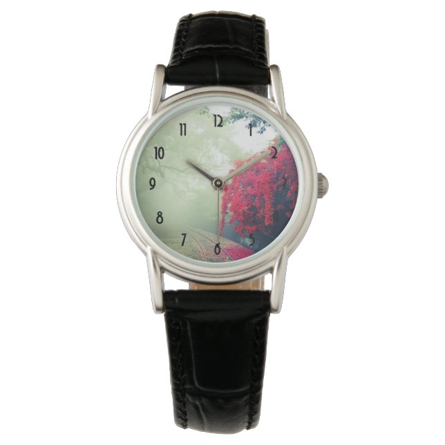 Misty Railroad Tracks Scenic Photo Watch (Front)