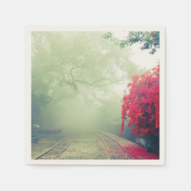 Misty Railroad Tracks Scenic Photo Wedding Event Napkin (Front)