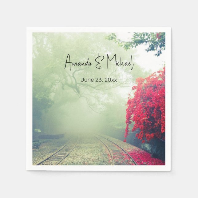 Misty Railroad Tracks Scenic Photo Wedding Event Napkin (Front)
