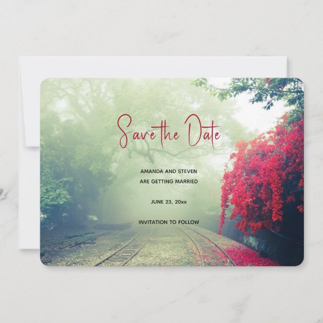 Misty Railroad Tracks Scenic Photo Wedding Save The Date (Front)