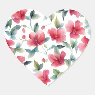 Misty Red Floral Pattern Heart Sticker