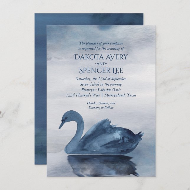 Misty Reflections | Dusty Blue Swan Lake Wedding Invitation (Front/Back)