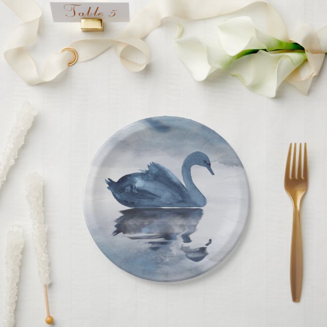 Misty Reflections | Dusty Blue Swan Lake Wedding Paper Plate (Wedding)