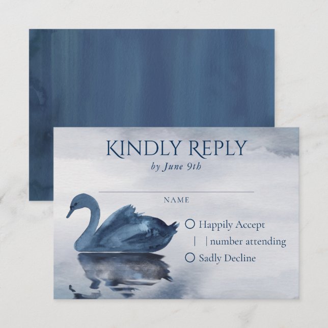 Misty Reflections | Dusty Blue Swan Lake Wedding RSVP Card (Front/Back)