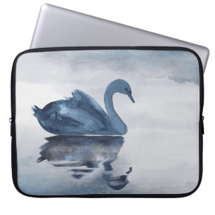 Misty Reflections   Moody Dusty Blue Swan on Lake Laptop Sleeve