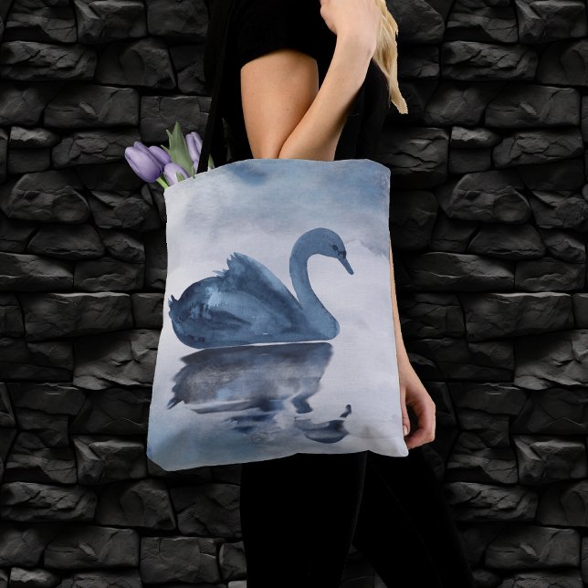 Misty Reflections | Moody Dusty Blue Swan on Lake Tote Bag (Creator Uploaded)