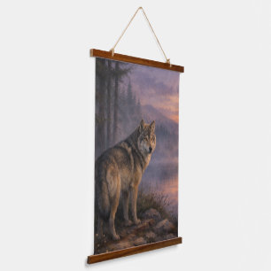 Misty Ridge Wolf Wood‑Topped Wall Tapestry