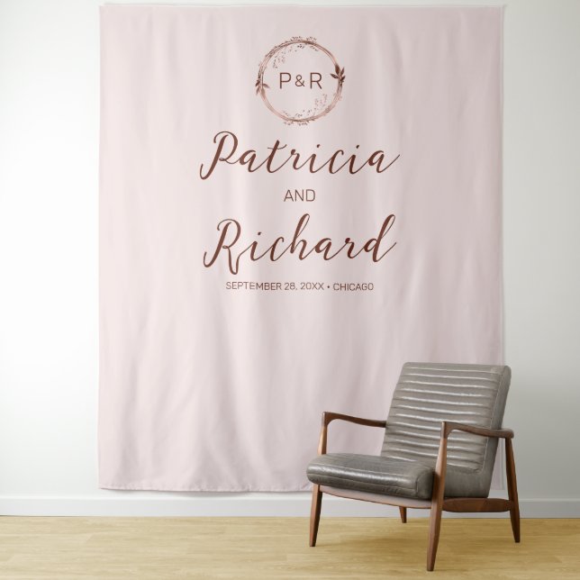 Misty Rose Monogram faux foil Wedding Backdrop Tapestry (In Situ)
