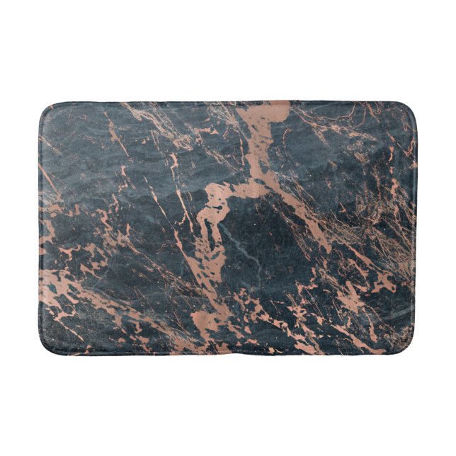 Misty Rustic Blue & Rose Gold Pink Glam Marble Bath Mat (Front)