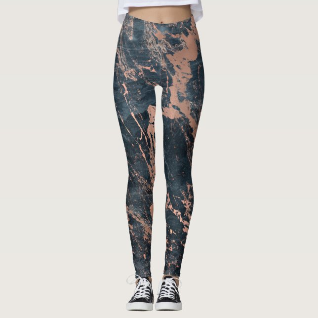 Misty Rustic Blue & Rose Gold Pink Glam Marble Leggings (Front)