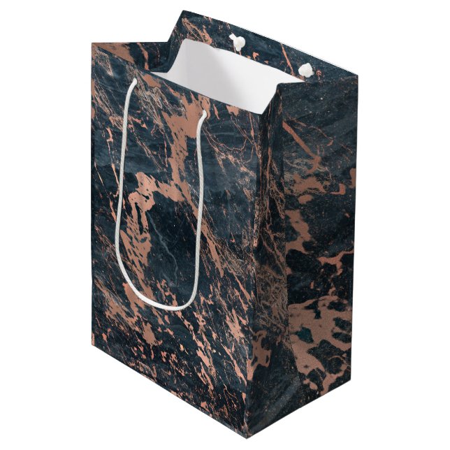 Misty Rustic Blue & Rose Gold Pink Glam Marble Medium Gift Bag (Front Angled)