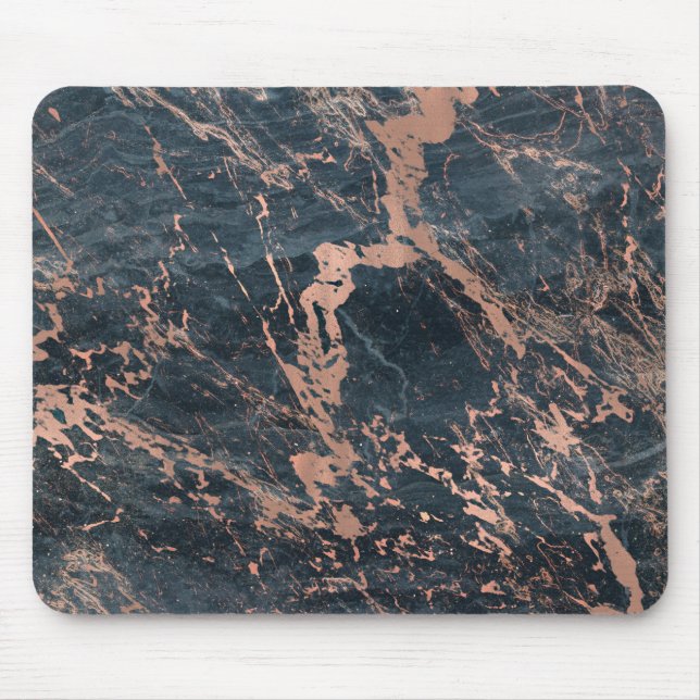 Misty Rustic Blue & Rose Gold Pink Glam Marble Mouse Mat (Front)