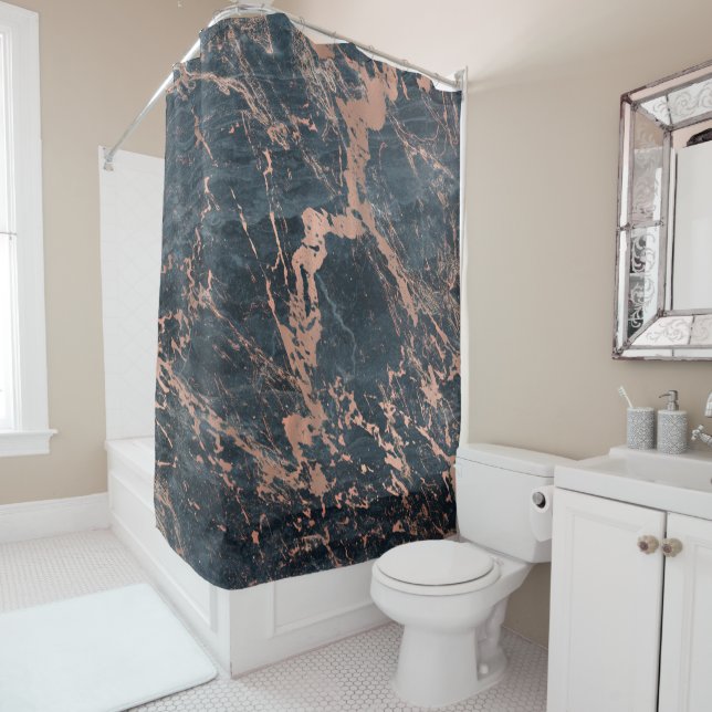 Misty Rustic Blue & Rose Gold Pink Glam Marble Shower Curtain (In Situ)