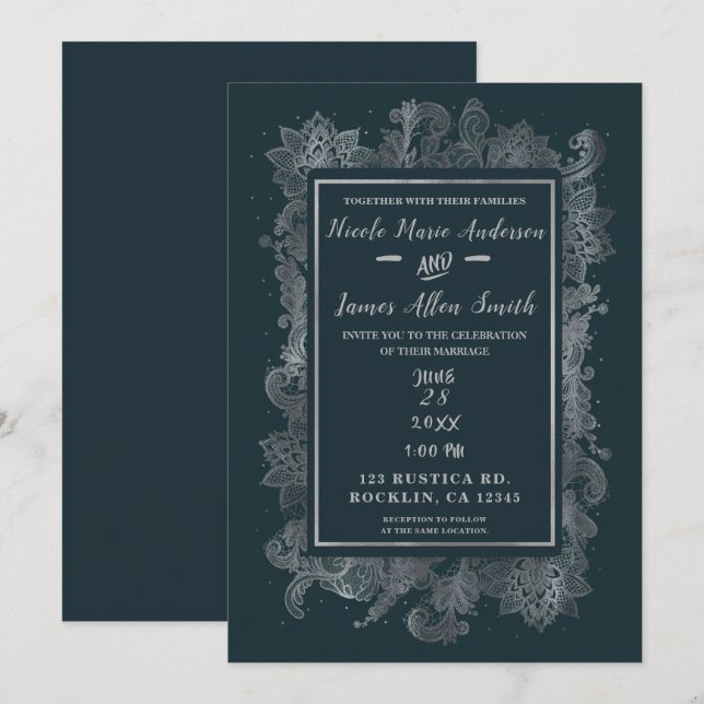 Misty Rustic Blue & Silver Elegant Floral Wedding Invitation (Front/Back)