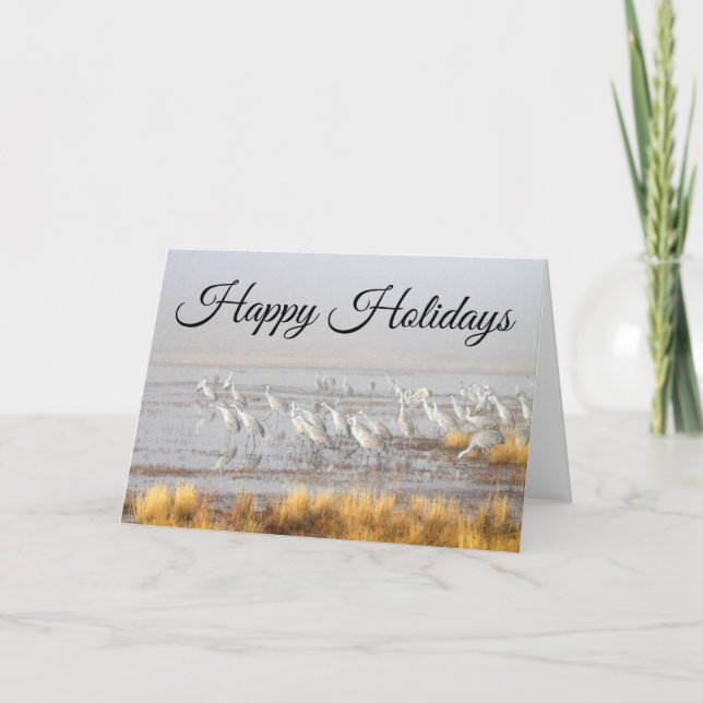 Misty Sandhill Cranes Happy Holidays Holiday Card (Front)
