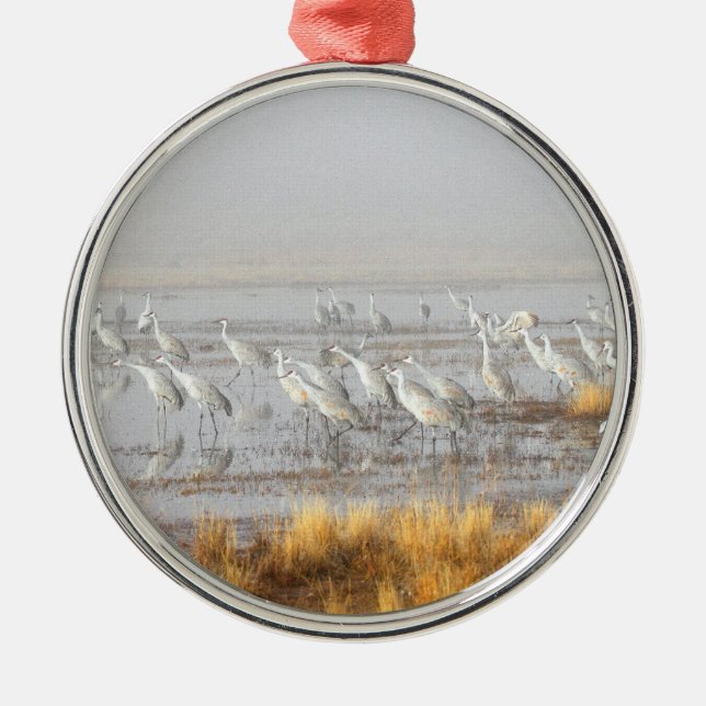Misty Sandhill Cranes Metal Tree Decoration (Front)