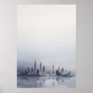 Misty Shanghai Skyline Watercolor Poster