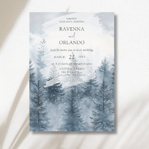 Misty Snowy Forest Mountain Watercolor Wedding Invitation