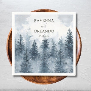 Misty Snowy Forest Mountain Watercolor Wedding Napkin