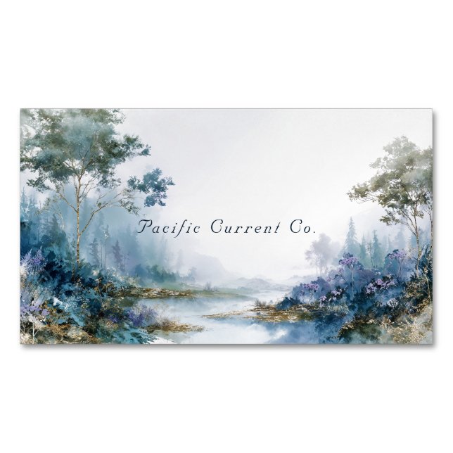 Misty Teal Forest Gold Sparkle Landscape Magnetic Business Card (Front)
