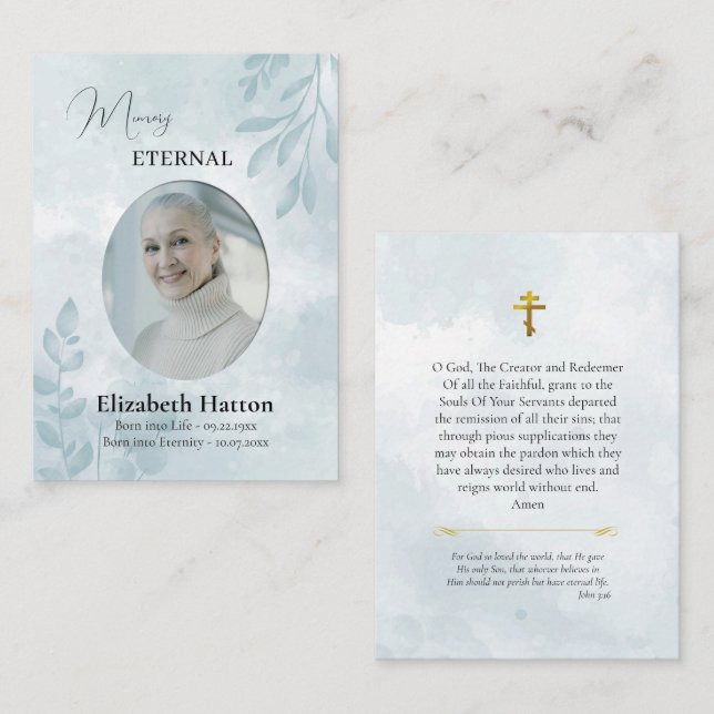 Misty Teal Leaves Orthodox Funeral Prayer Card (Front/Back)