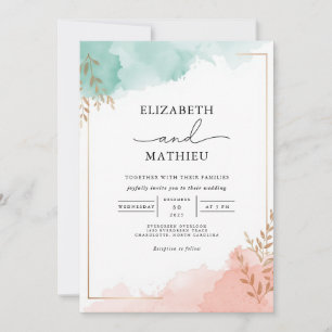 Misty Teal Peach Watercolor Wedding Invitation