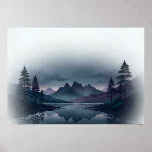 Misty Teal Purple Mountain Lake Pine Landscape Poster