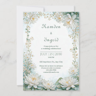 Misty Teal White Water Lily Border Wedding Invitation