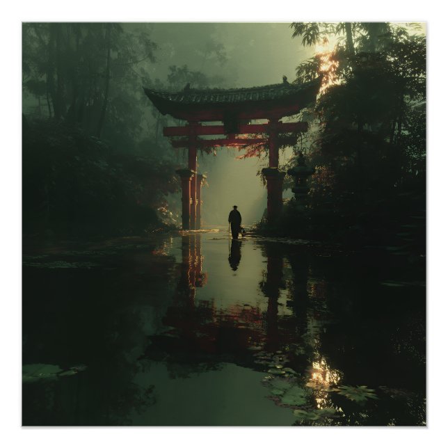 Misty Torii Gate Dawn Solitude Figure Poster (Front)