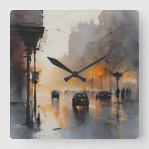 Misty Urban Evening Square Wall Clock