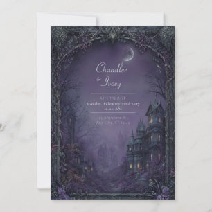 Misty Violet Moonlit Gothic Manor Wedding Invitation