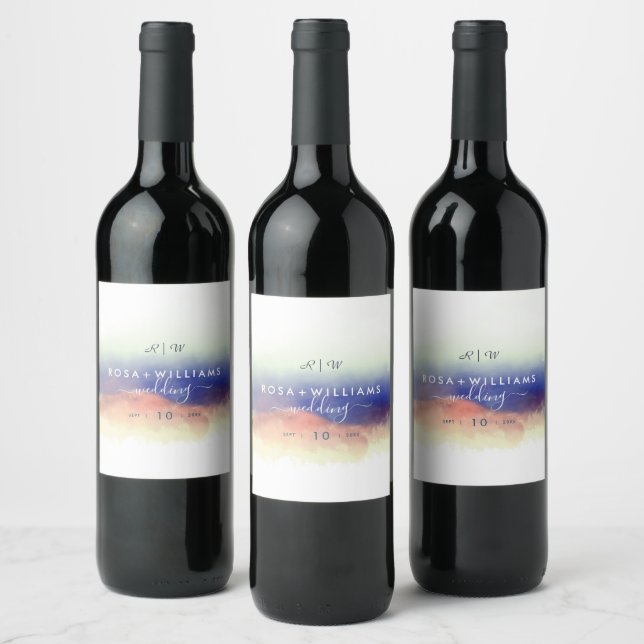 misty watercolor landscape monogram wedding wine label (Bottles)