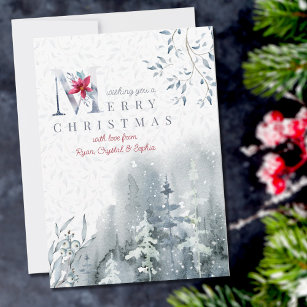 Misty Watercolor Winter Forest and Poinsettia Holiday Card