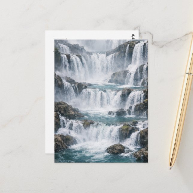 Misty Waterfall Landscape Postcard (Front/Back In Situ)