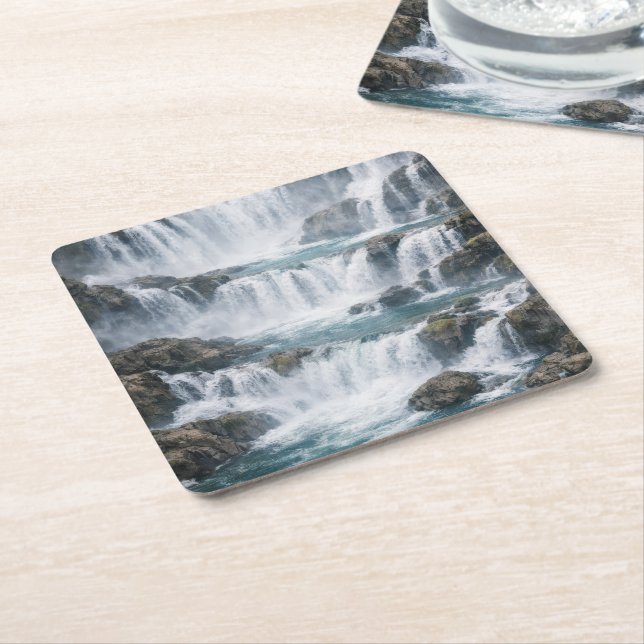 Misty Waterfall Landscape Square Paper Coaster (Angled)