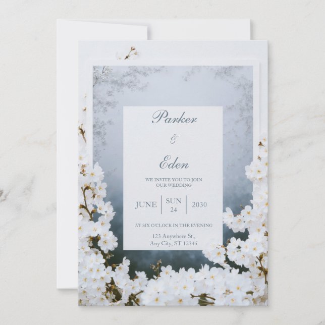 Misty White Blossom Frame Wedding Invitation (Front)