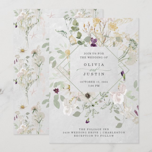 Misty Wildflowers | Soft Grey Geometric Wedding In Invitation (Front/Back)